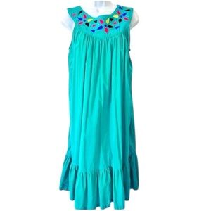SEA WIND Vintage 80’s Geometric Trim Midi Dress Muumuu Size S Aqua Resortwear